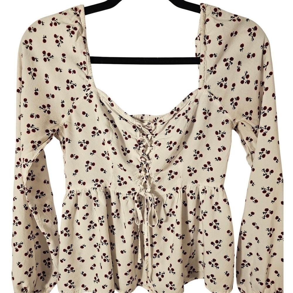Aeropostale Women Floral Lace Up Peplum Smock Puff Sleeve Babydoll Med